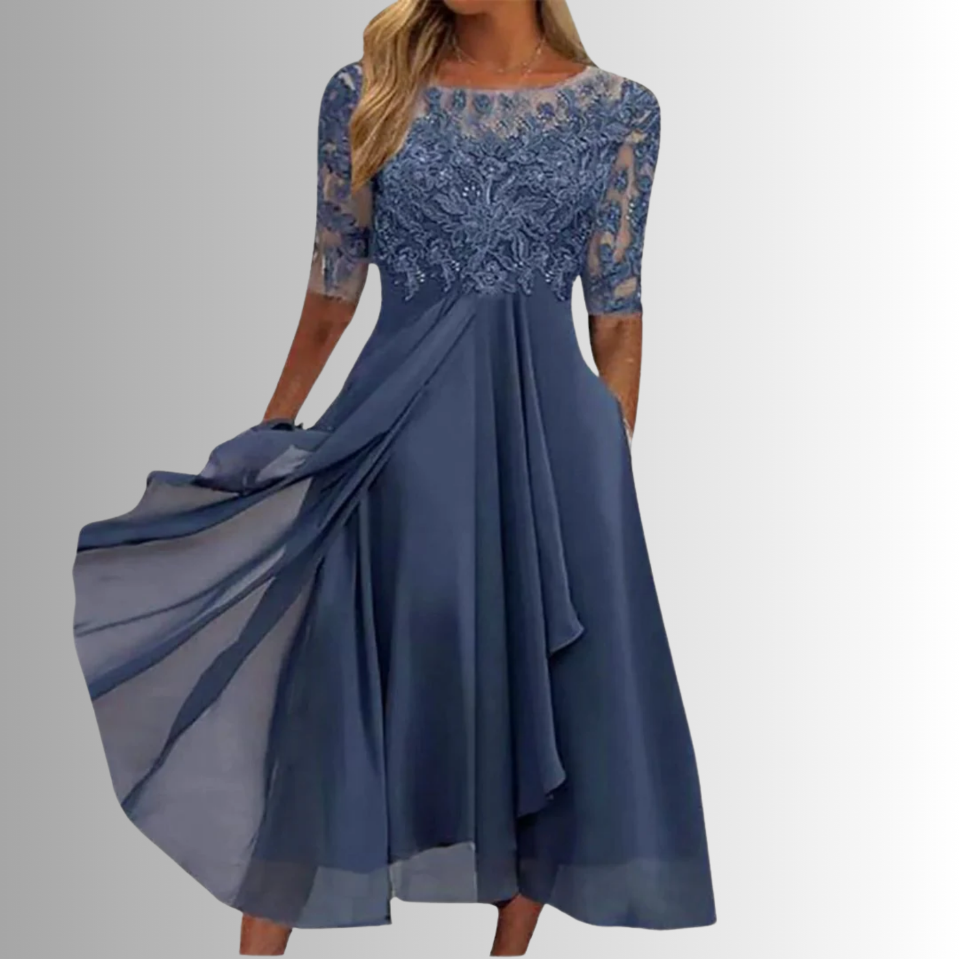 Rhonda - Abito Midi in Chiffon Ricamato Biondo