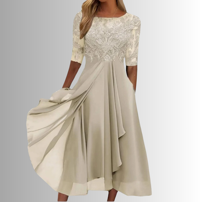Rhonda - Abito Midi in Chiffon Ricamato Biondo