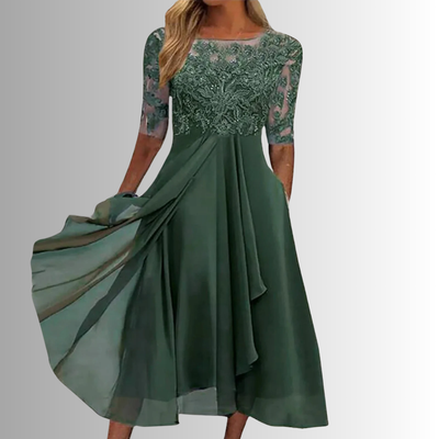 Rhonda - Abito Midi in Chiffon Ricamato Biondo